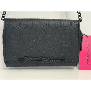 Betsey Johnson Black Embossed Skulls Crossbody Bag XOLANDON Web Strap NWT
